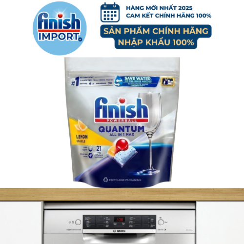 Túi 21 viên rửa chén Finish Quantum All in 1 (14x tính năng trong 1 viên công thức mới – Hương Chanh) – (Dành cho máy rửa chén 10-12-13 bộ).